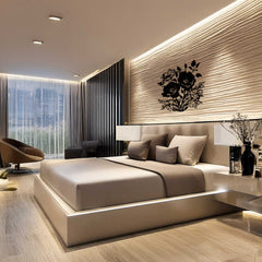 Modern bedroom with a large bed, decorative wall art, and city view.