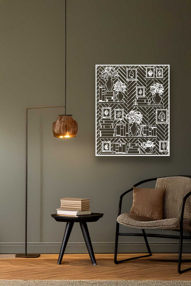 Modern living room with a geometric patterned wall art piece, chair, and side table.