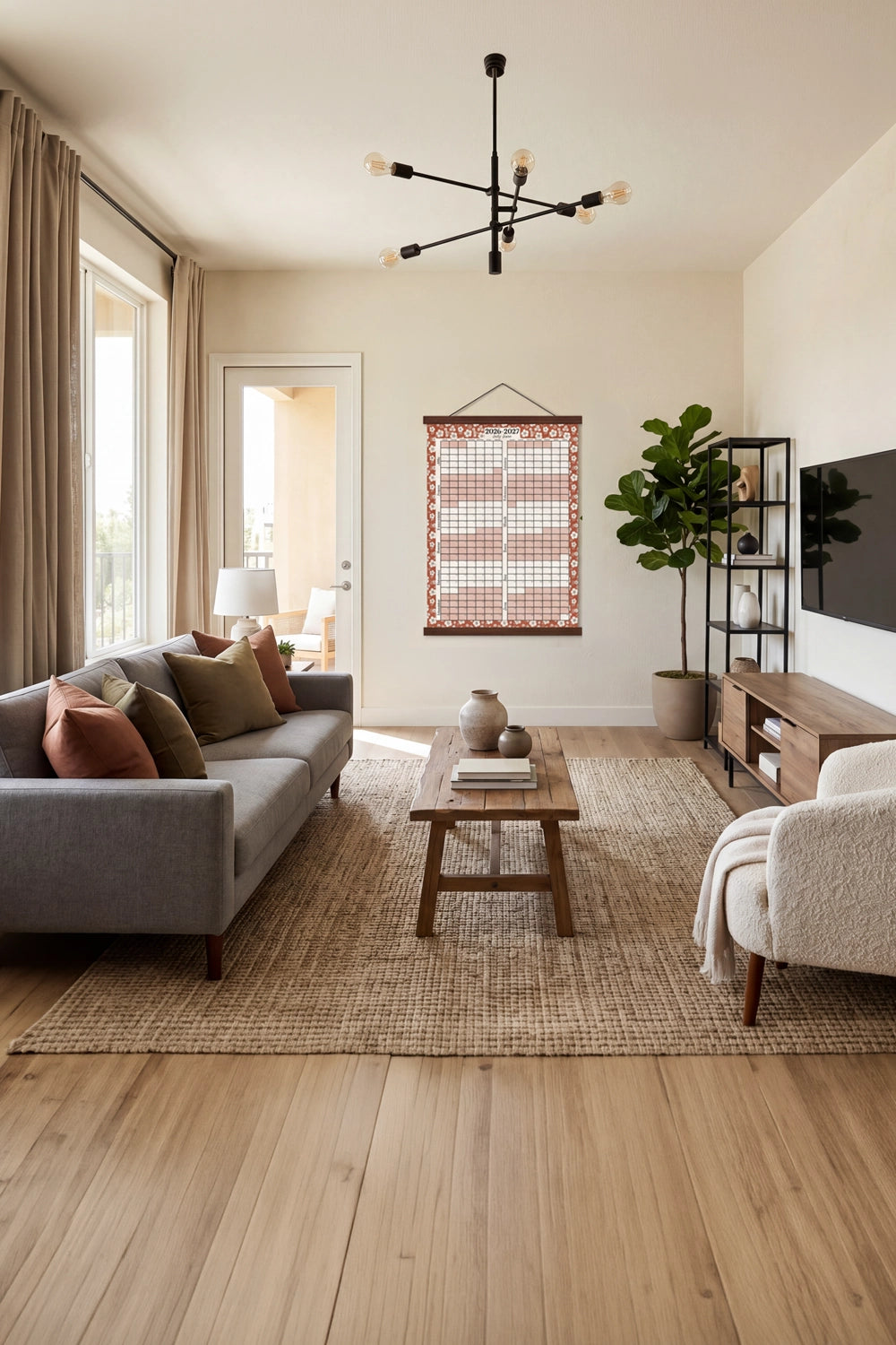 Modern living room with gray sofa, wooden coffee table, and decorative elements.
