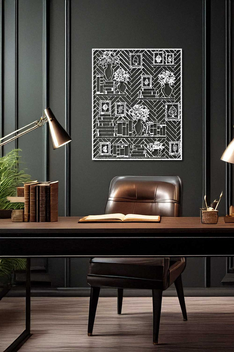 Modern office desk with leather chair, lamp, and decorative wall art.