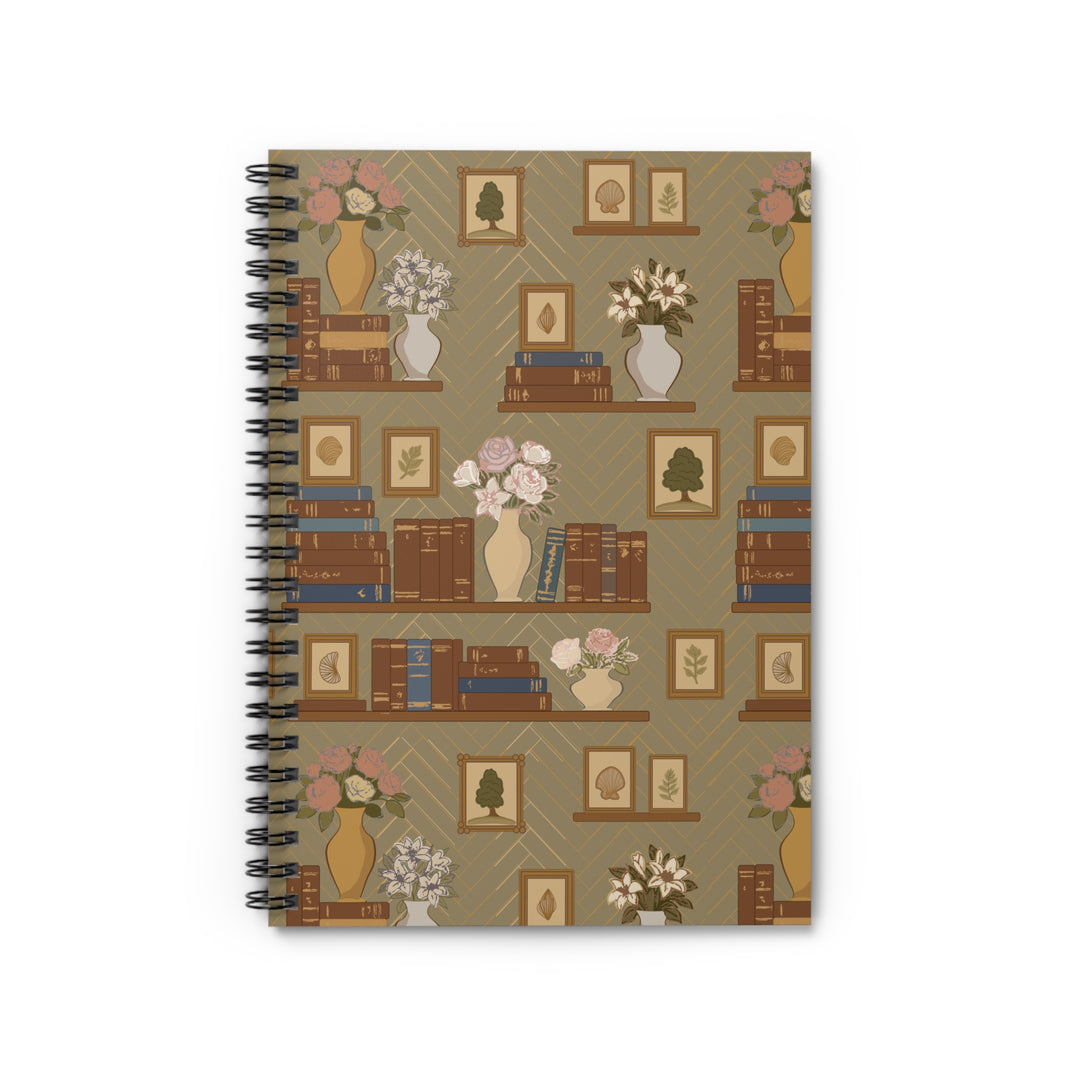 Notebook with a decorative cover featuring books, vases, and flowers on a beige background