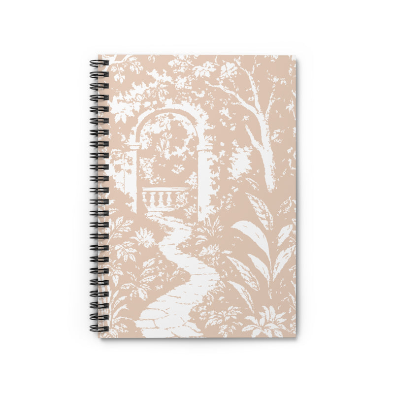 Notebook with beige and white floral pattern on a white background