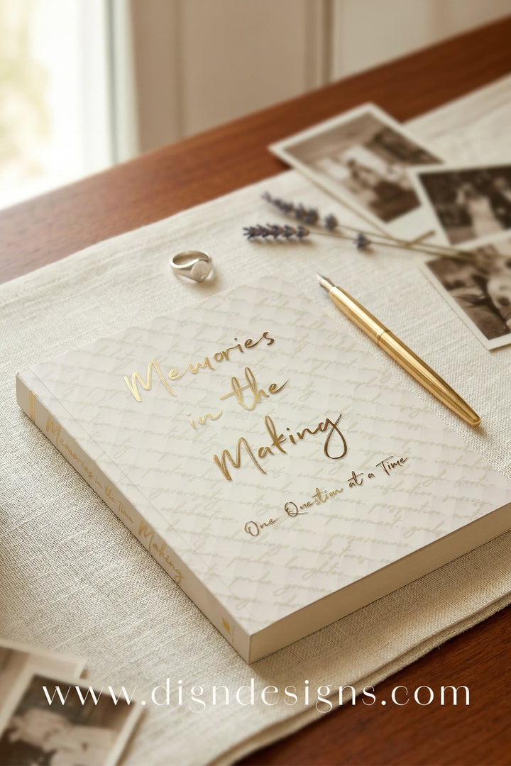 Notebook with decorative cover and pen on a wooden surface, featuring the text &