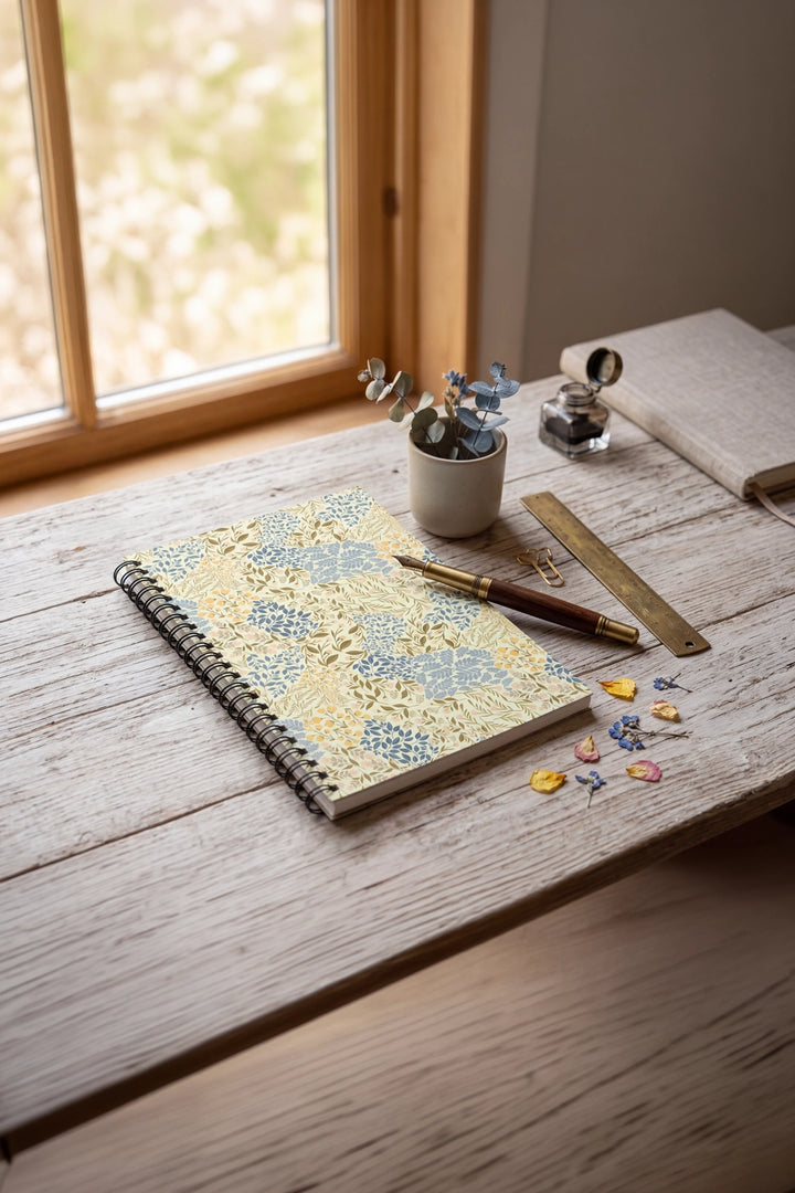 Notebook with floral cover on a wooden desk near a window