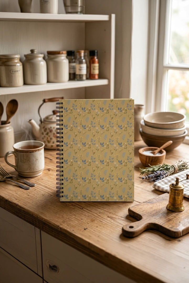 Notebook with floral pattern on a kitchen counter with utensils and cookware.
