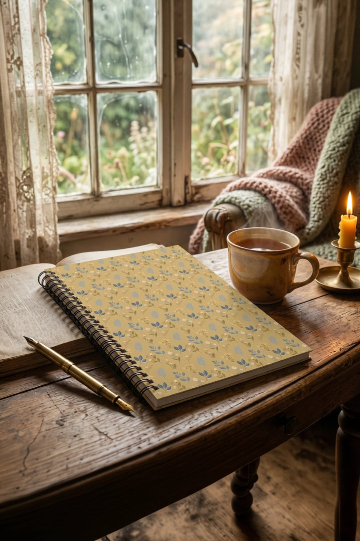 Notebook with floral pattern on a wooden table by a window with a view of greenery.