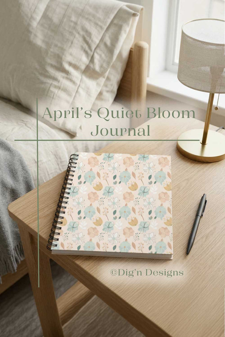 Notebook with a floral pattern on a wooden table in a cozy room setting