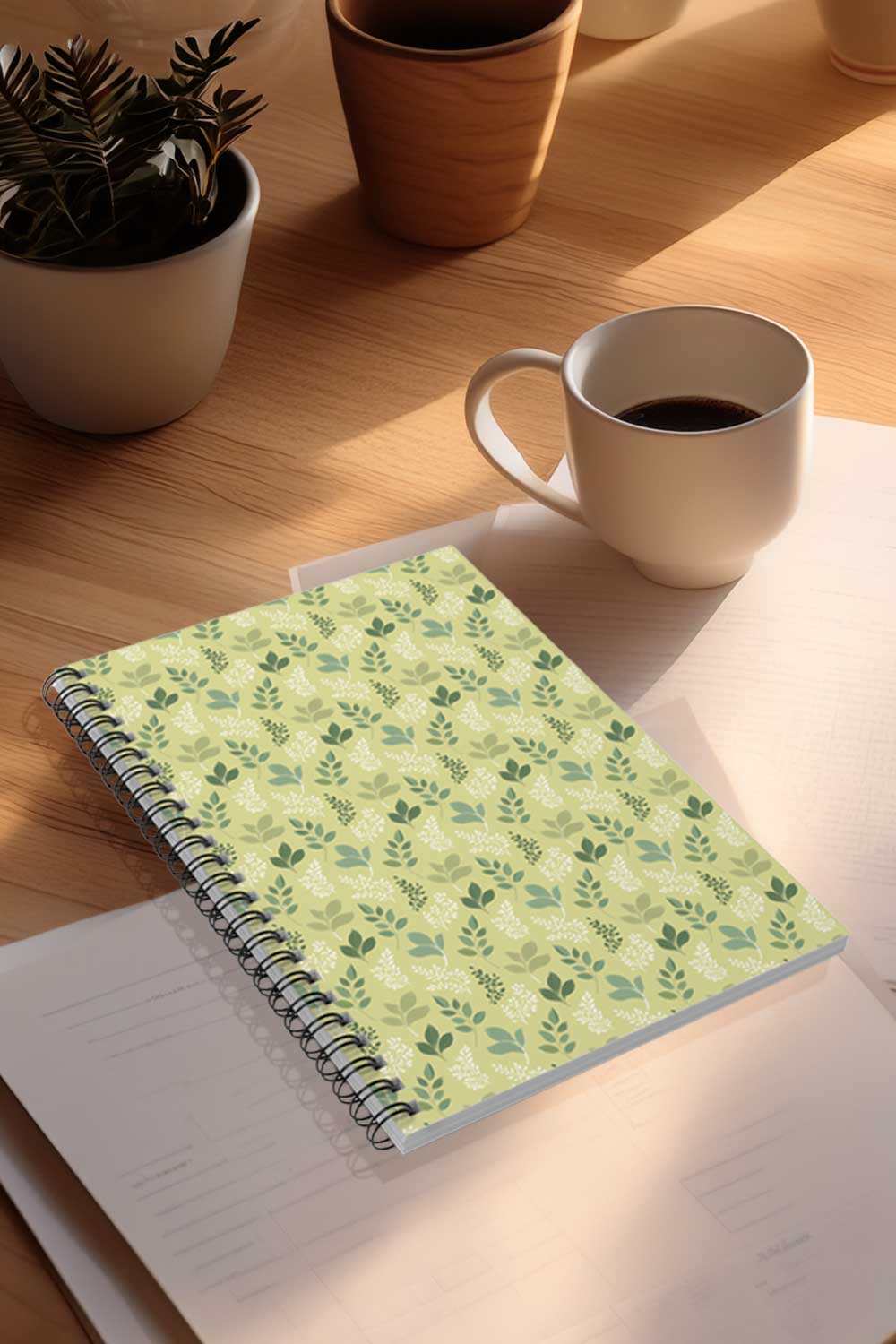 Notebook with green leaf pattern on a wooden table with a cup of coffee and plants.