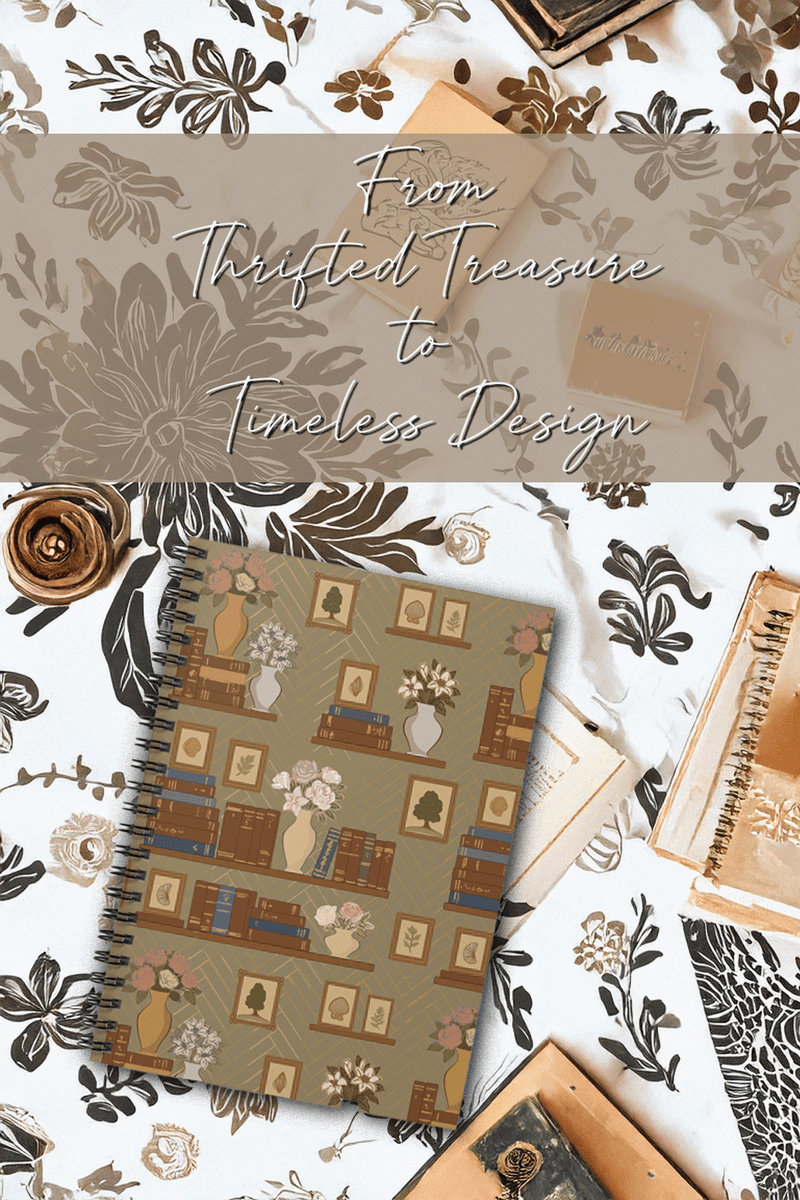 Notebook with vintage-style design on a decorative background with flowers and text.