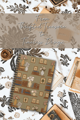 Notebook with vintage-style design on a decorative background with flowers and text.