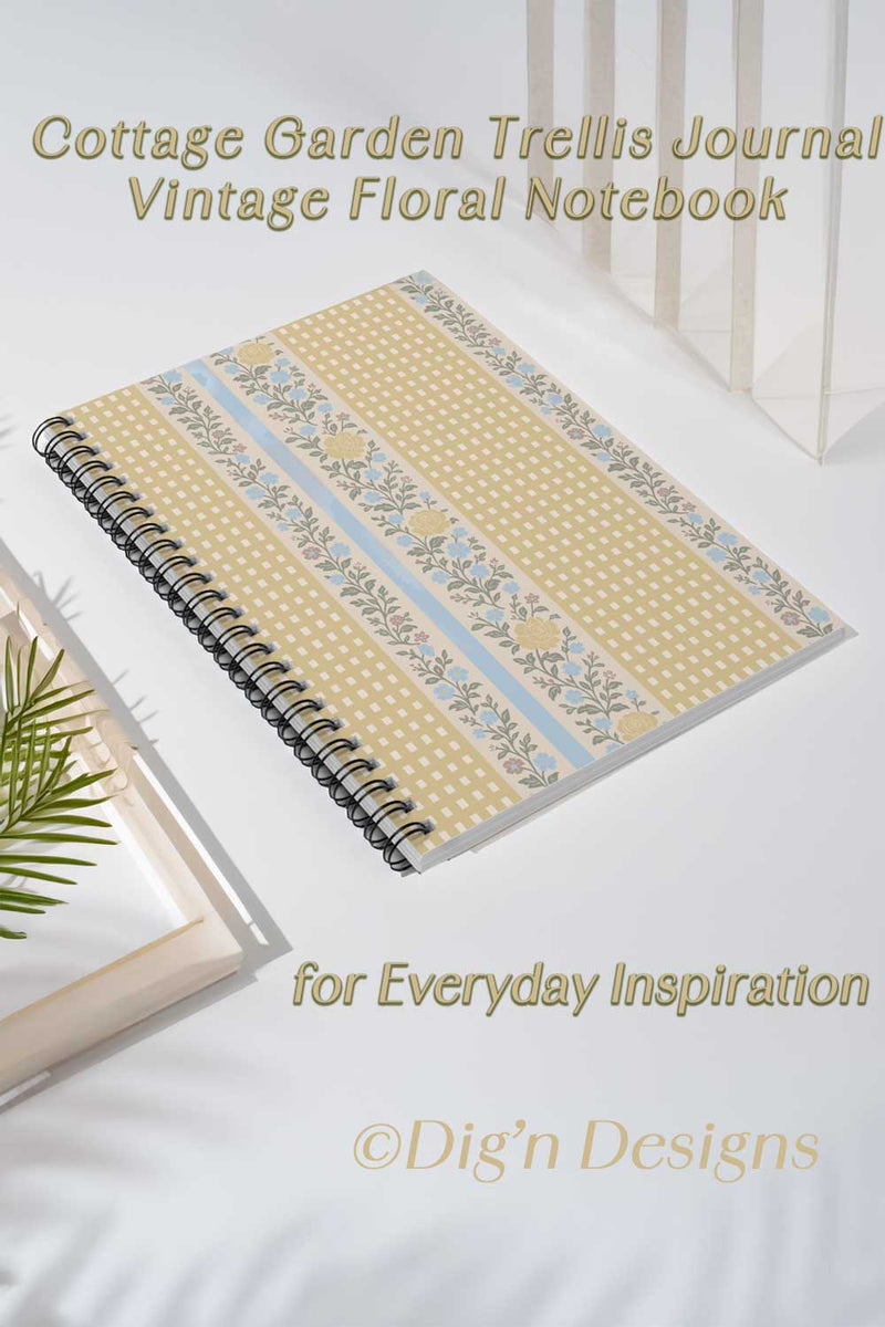 Notebook with vintage floral design on a white surface, featuring text about 'Cottage Garden Trellis Journal' and 'Vintage Floral Notebook'.