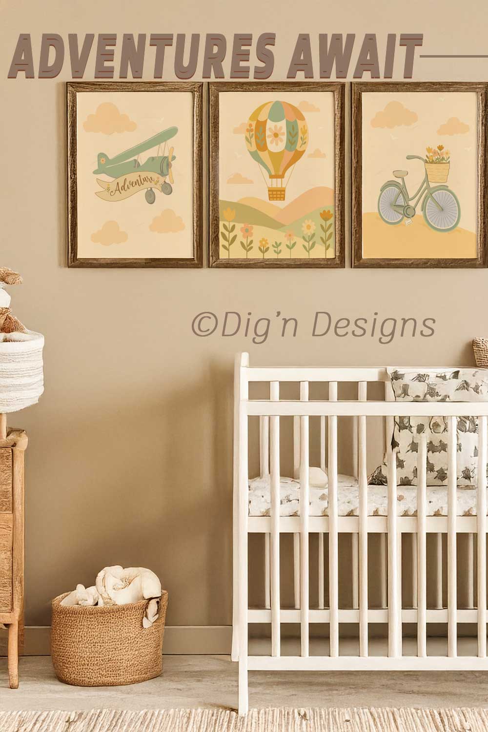 Nursery room with a crib, wall art, and &