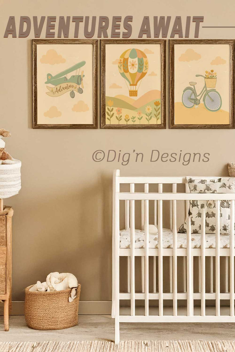Nursery room with a crib, wall art, and 'Adventures Await' text.