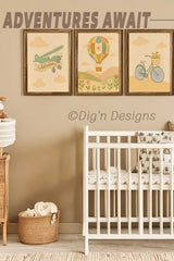 Nursery room with a crib, wall art, and 'Adventures Await' text.