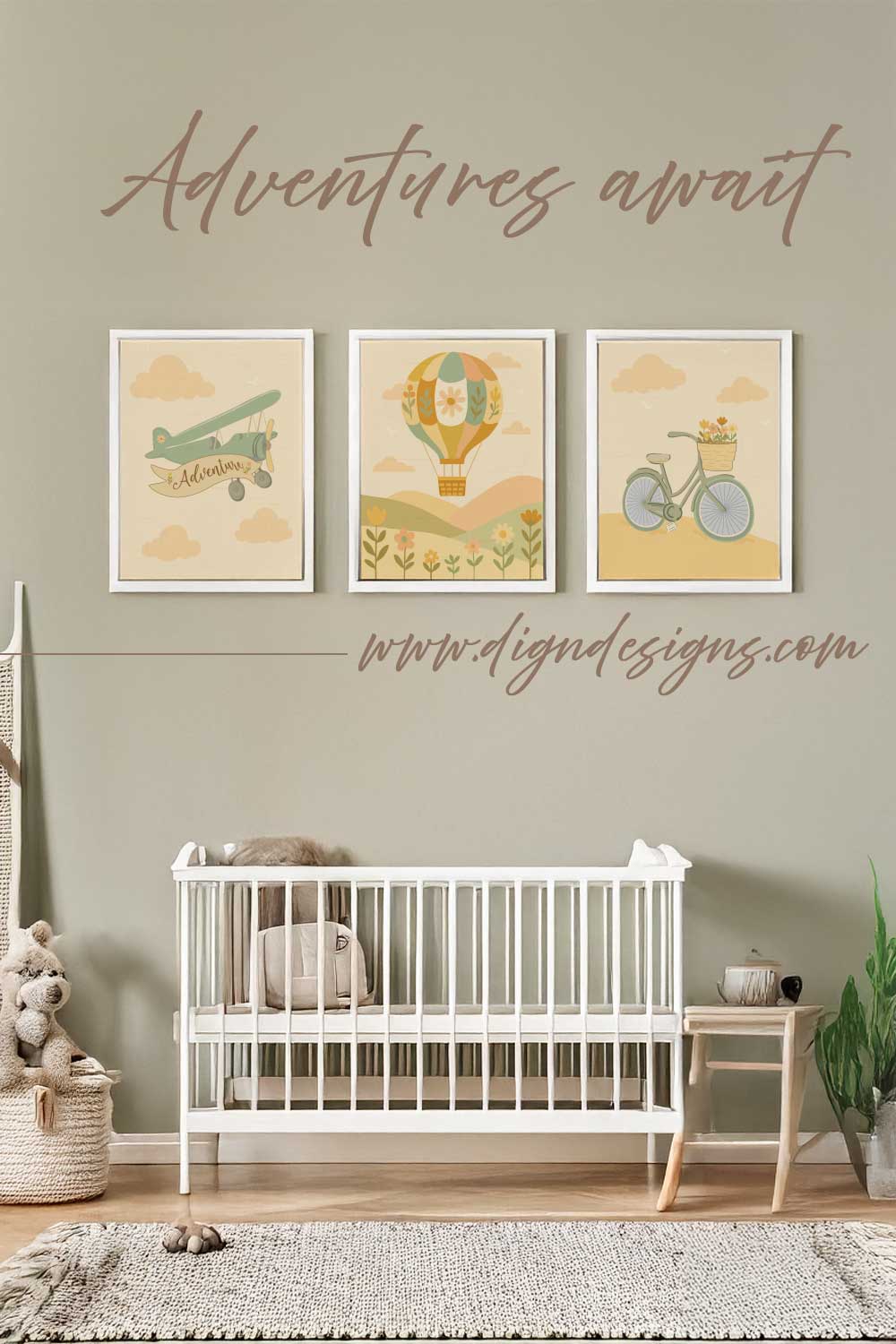 Nursery room with a crib, wall art, and decor elements.