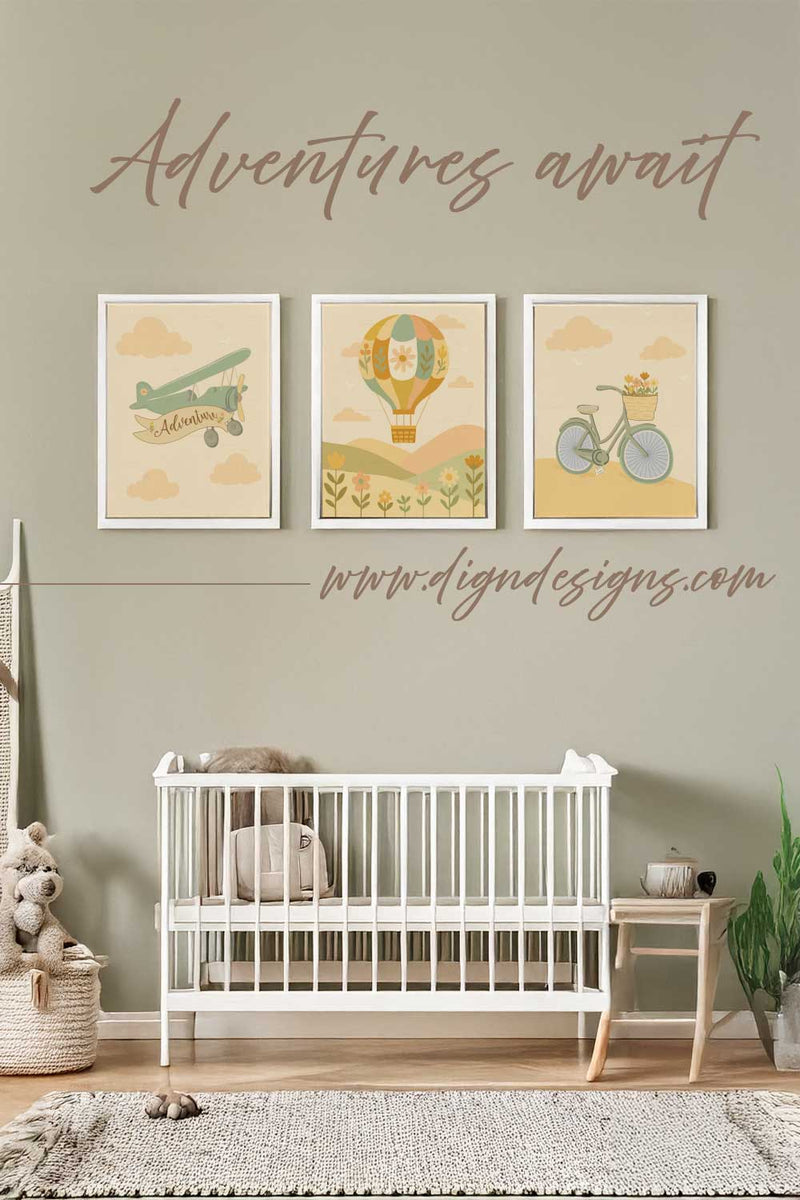 Nursery room with a crib, wall art, and decor elements.