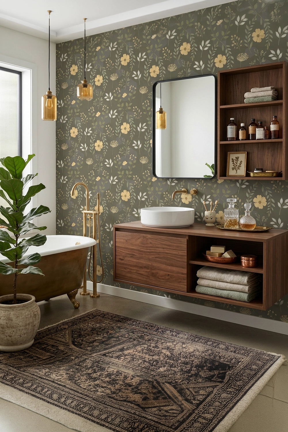 A styled bathroom interior featuring floral wallpaper, a floating dark wood vanity with a white vessel sink, a large mirror, hanging amber pendant lights, a clawfoot tub, and a patterned rug.