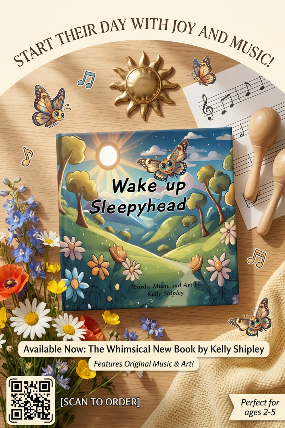 Promotional image for 'Wake up Sleepyhead' book by Kelly Shipley with music notes, flowers, and a sun.
