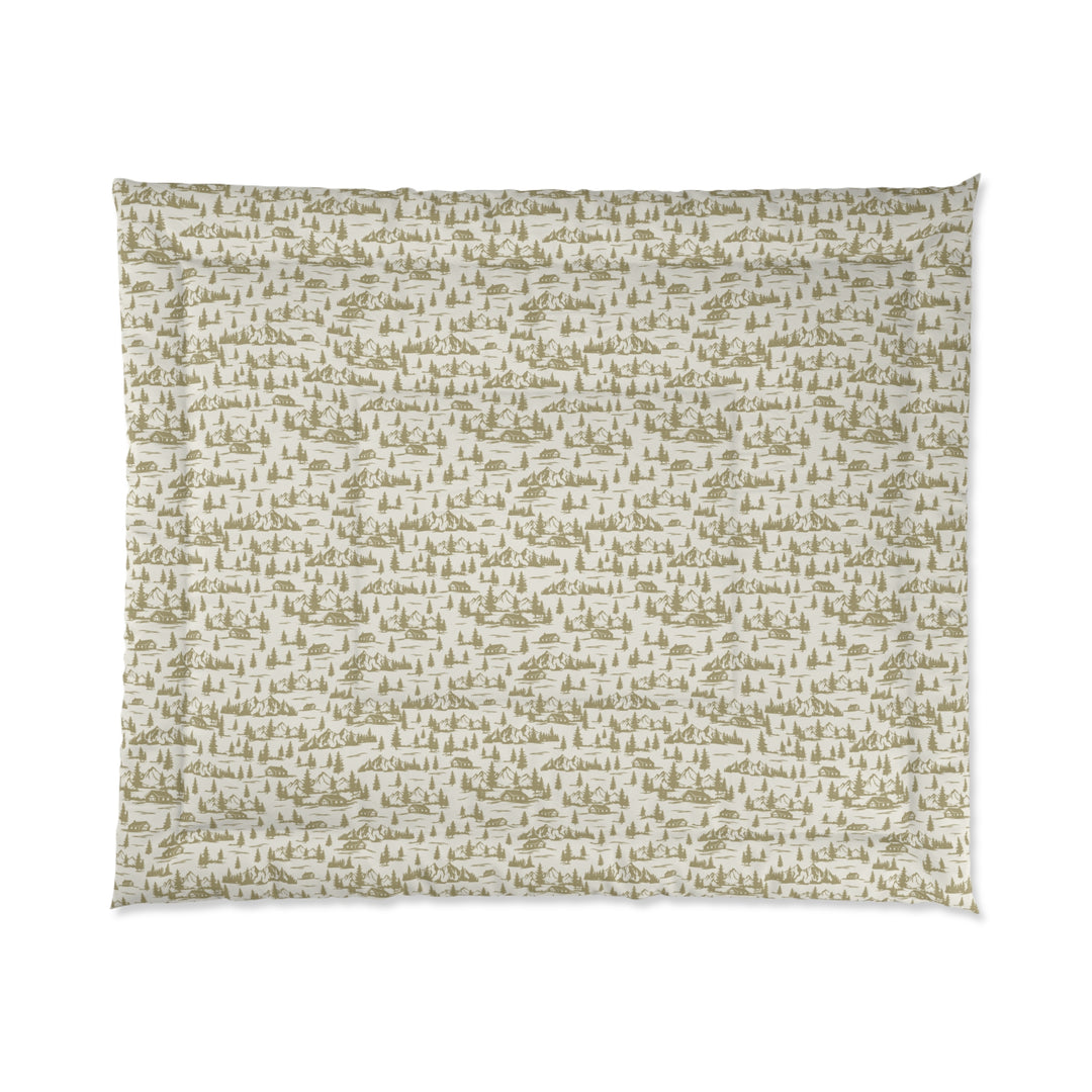 Rustic Cabin and Pine Tree Toile Comforter – Cozy Mountain Lodge Bedding with Vintage Landscape medium