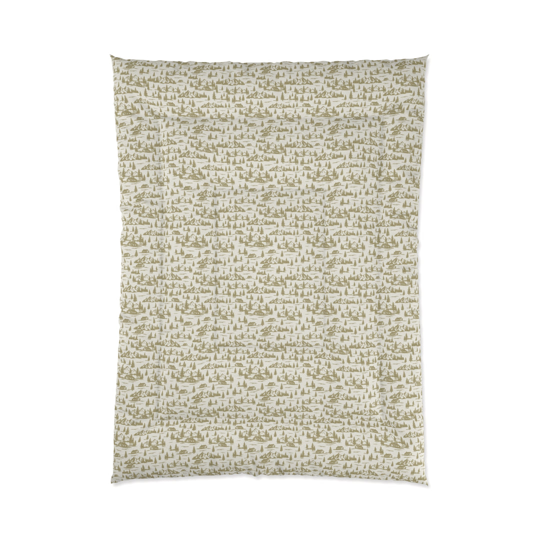 Rustic Cabin and Pine Tree Toile Comforter – Cozy Mountain Lodge Bedding with Vintage Landscape smaller