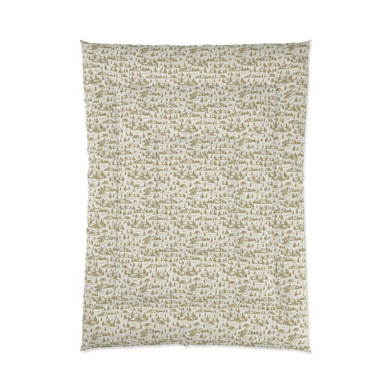 Rustic Cabin and Pine Tree Toile Comforter – Cozy Mountain Lodge Bedding with Vintage Landscape smaller