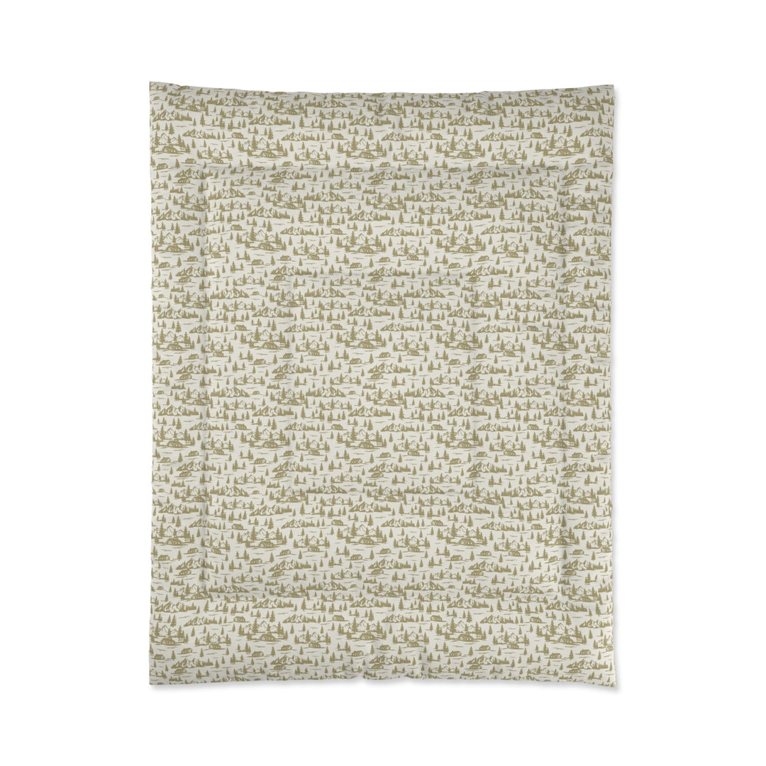 Rustic Cabin and Pine Tree Toile Comforter – Cozy Mountain Lodge Bedding with Vintage Landscape small