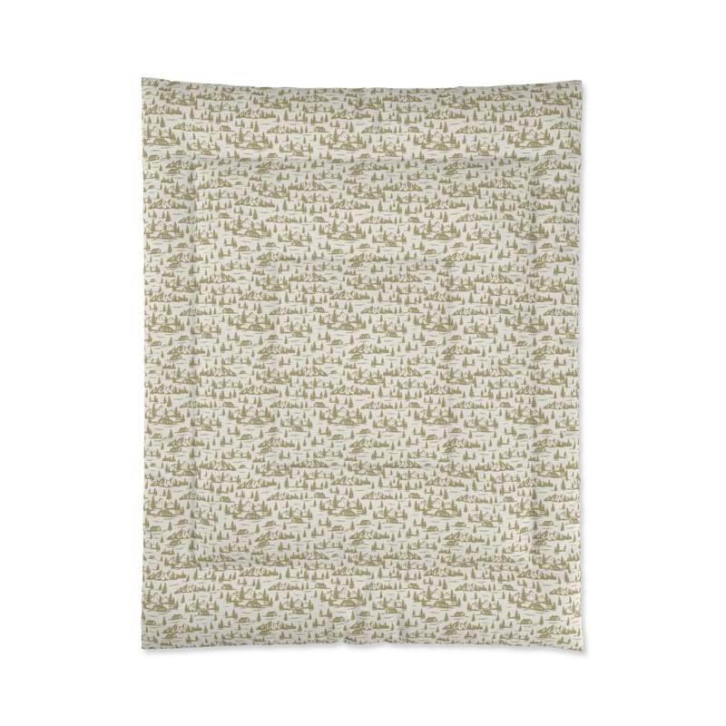 Rustic Cabin and Pine Tree Toile Comforter – Cozy Mountain Lodge Bedding with Vintage Landscape small