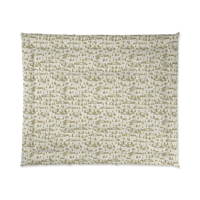 Rustic Cabin and Pine Tree Toile Comforter – Cozy Mountain Lodge Bedding with Vintage Landscape medium