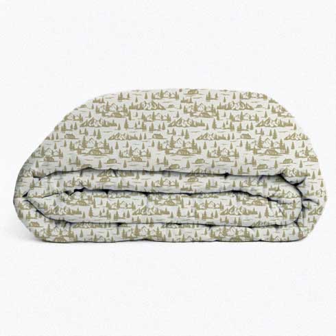 Rustic Cabin and Pine Tree Toile Comforter – Cozy Mountain Lodge Bedding with Vintage Landscape folded 1