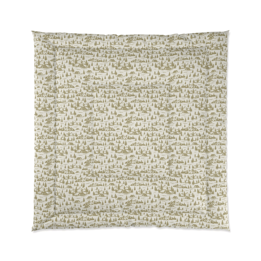 Rustic Cabin and Pine Tree Toile Comforter – Cozy Mountain Lodge Bedding with Vintage Landscape open big