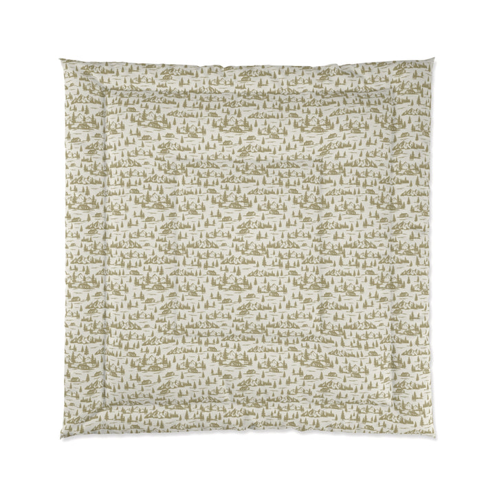Rustic Cabin and Pine Tree Toile Comforter – Cozy Mountain Lodge Bedding with Vintage Landscape open big