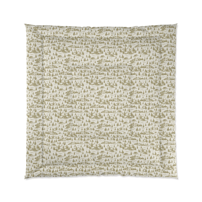 Rustic Cabin and Pine Tree Toile Comforter – Cozy Mountain Lodge Bedding with Vintage Landscape open big