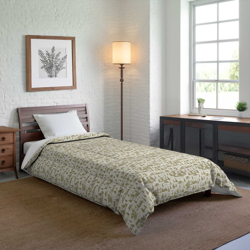 Rustic Cabin and Pine Tree Toile Comforter – Cozy Mountain Lodge Bedding with Vintage Landscape single