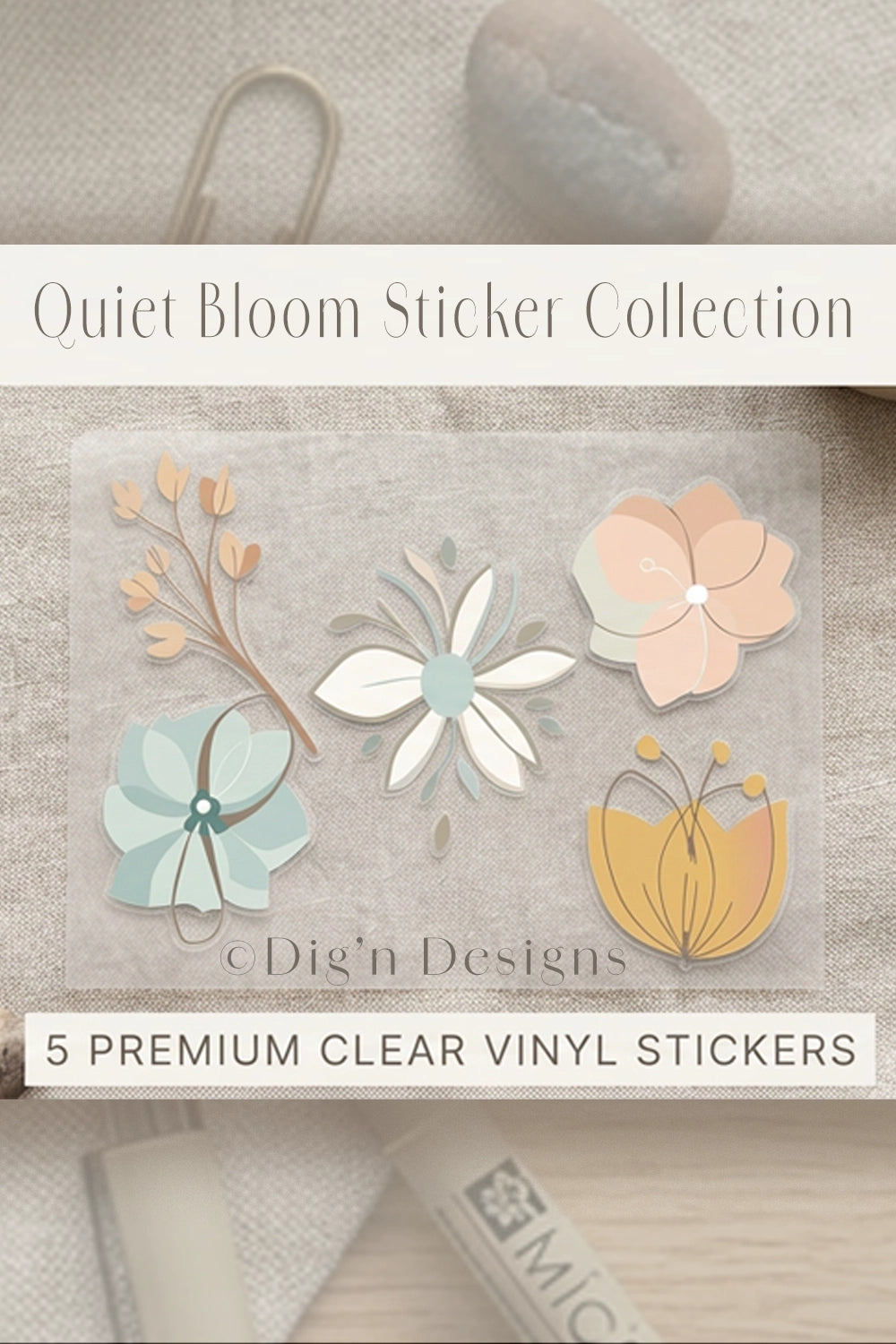 Set of five clear vinyl stickers with floral designs on a neutral background, featuring the brand  Dig&