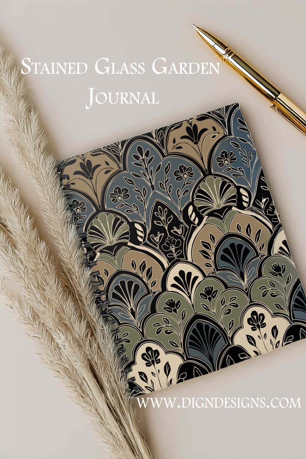 Stained Glass Garden Journal with decorative cover and pen on a light background