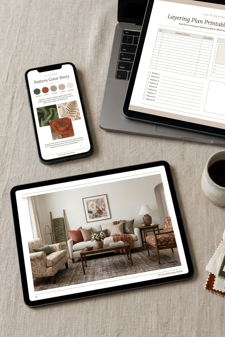 Pattern mixing guide pages on a tablet, phone and laptop: color story, layering printable and living room