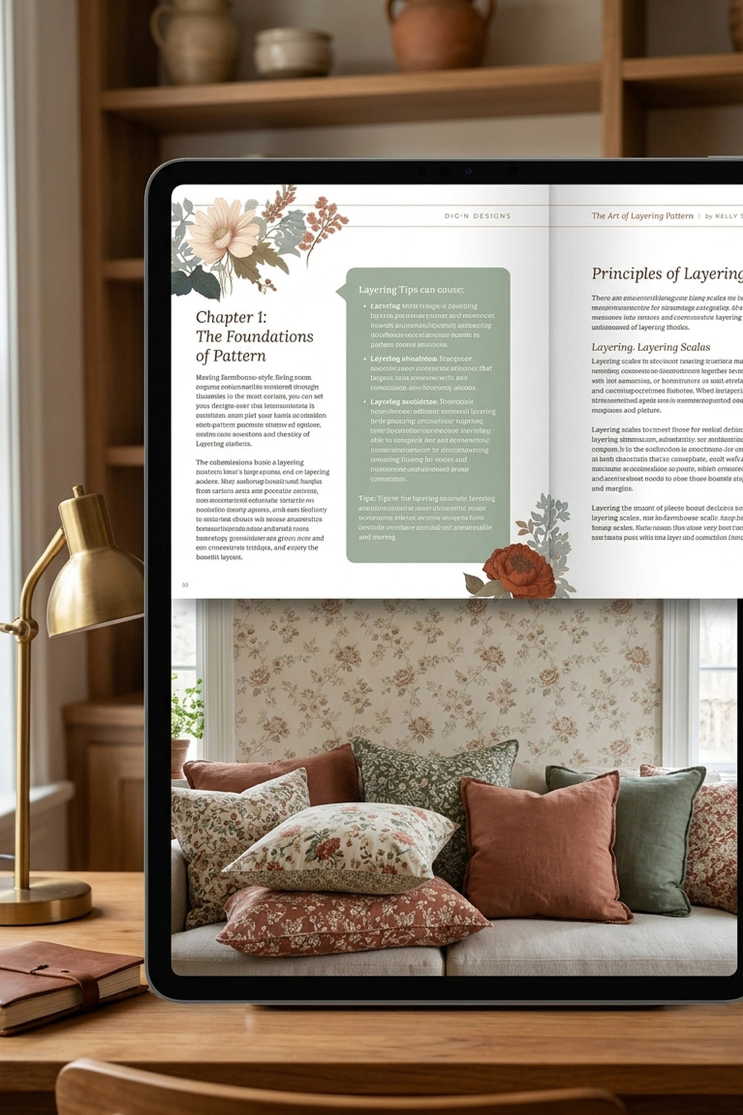 Inside pages of a pattern mixing guide ebook shown on a laptop above a sofa of layered floral pillows