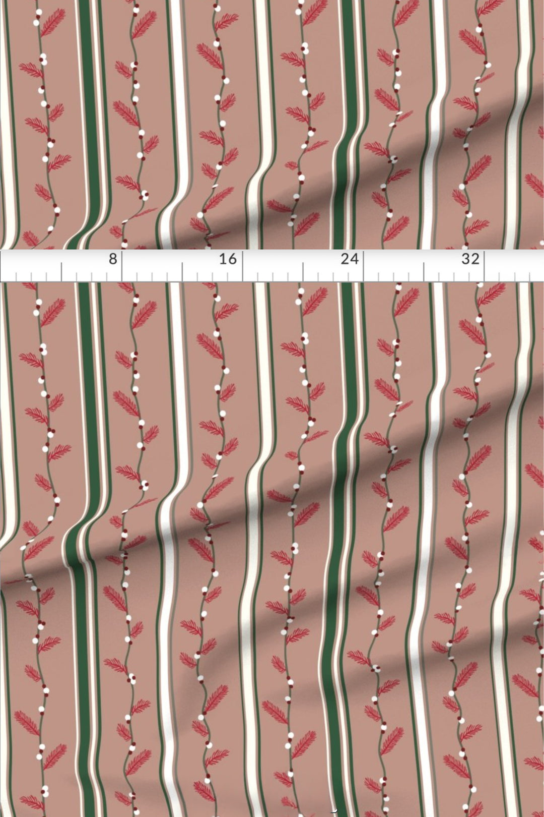 Twinkle Garland Stripe Christmas fabric with measurements showing the pattern scale of the vertical garland stripe