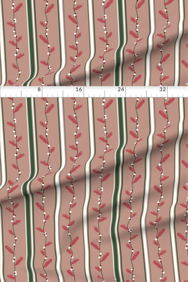 Twinkle Garland Stripe Christmas fabric with measurements showing the pattern scale of the vertical garland stripe