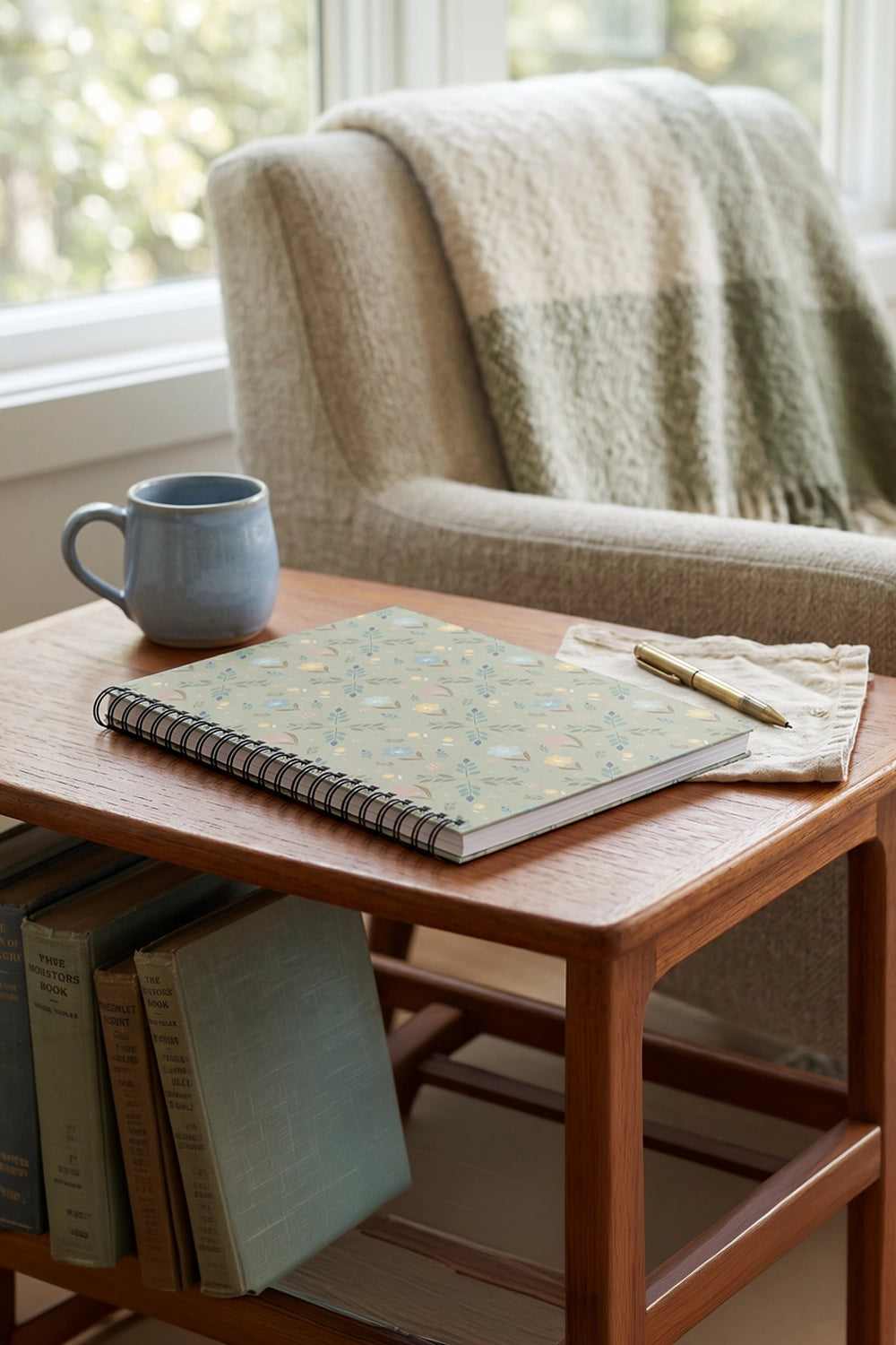 Wooden table with a notebook, mug, and books in front of a cozy armchair with a blanket.