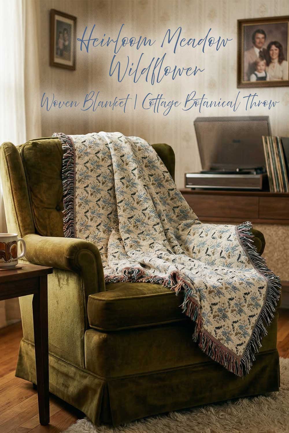 Woven blanket draped over a green armchair in a cozy living room setting.