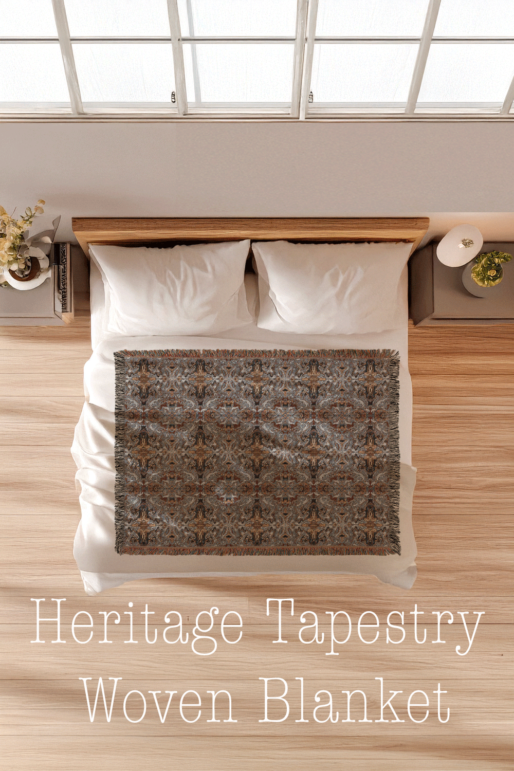 Woven blanket on a bed with &