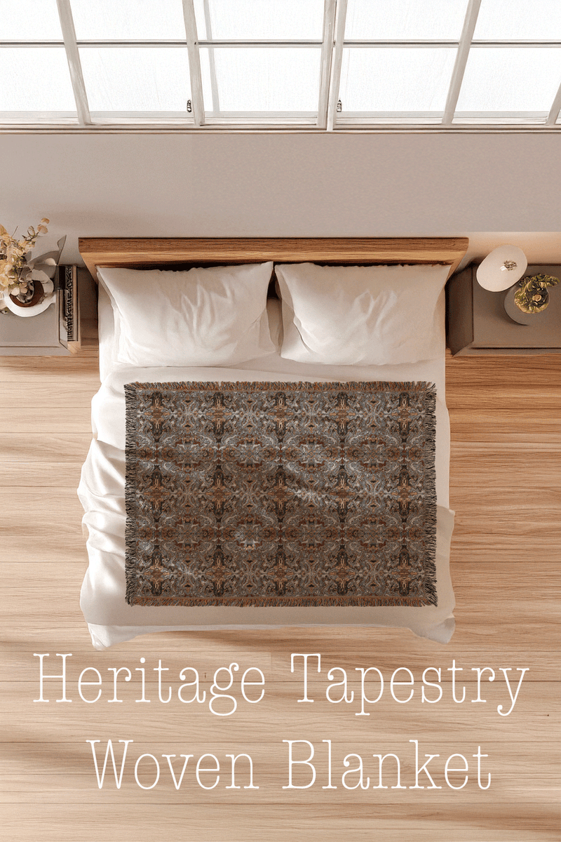 Woven blanket on a bed with 'Heritage Tapestry' text
