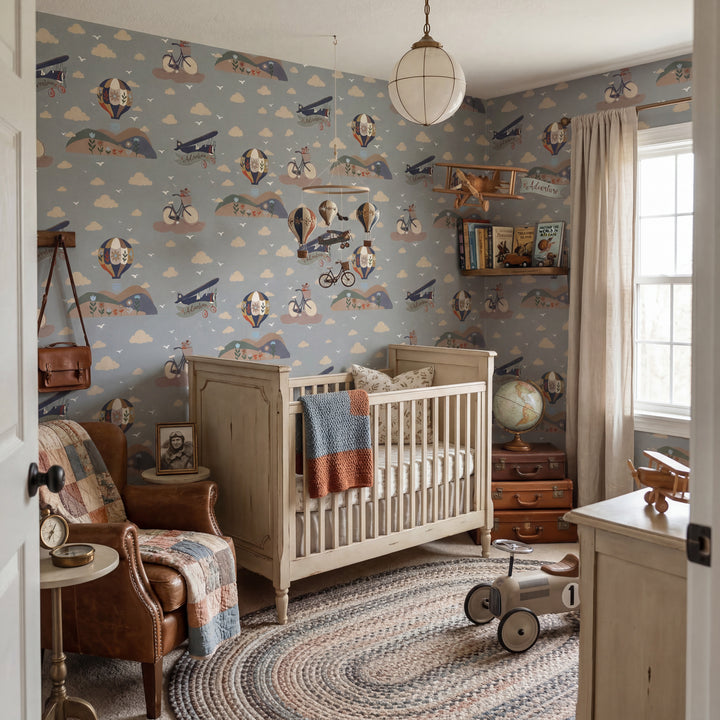 A styled nursery interior with light blue wallpaper featuring a vintage airplane and hot air balloon pattern, a white wooden crib, a brown leather armchair with a patchwork quilt, a round braided rug, and a window with sheer curtains.