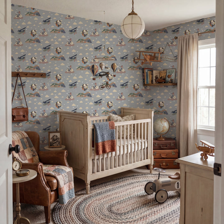 A styled nursery interior featuring light blue wallpaper with a vintage airplane and bicycle pattern, a white wooden crib, a brown leather armchair with a patchwork quilt, and a round braided area rug.