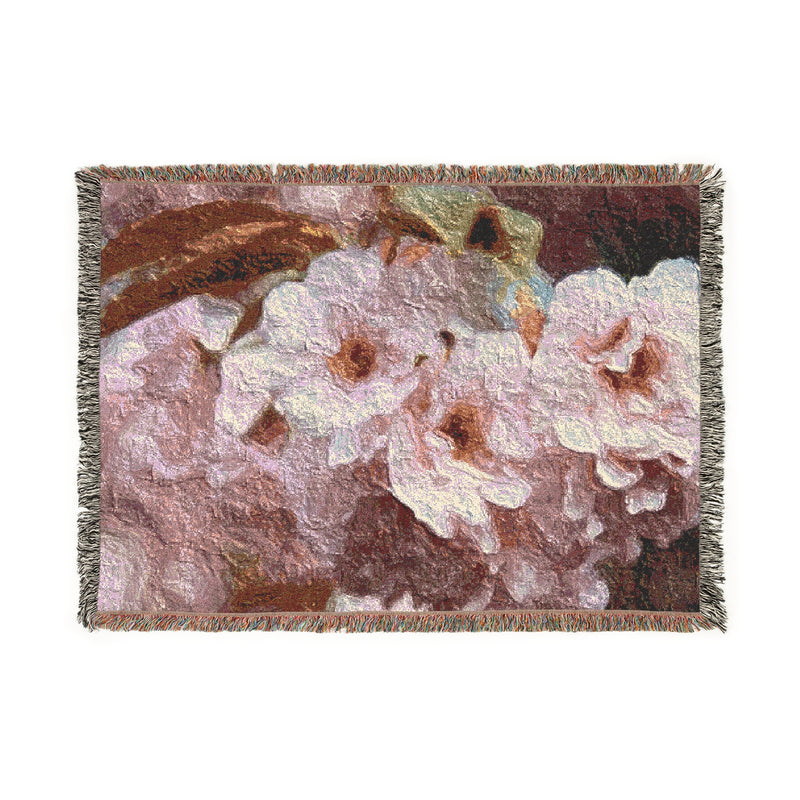 Product display for woven blanket blossom beauty oil painting rendition