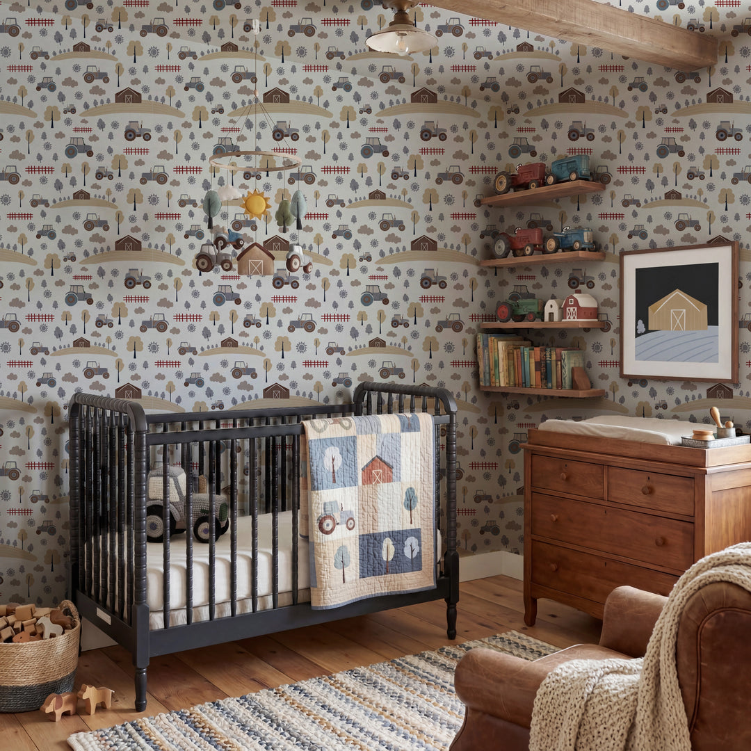 Bedroom with wallpaper decorated in the Boho Tractor farm wallpaper decor designed by dig&
