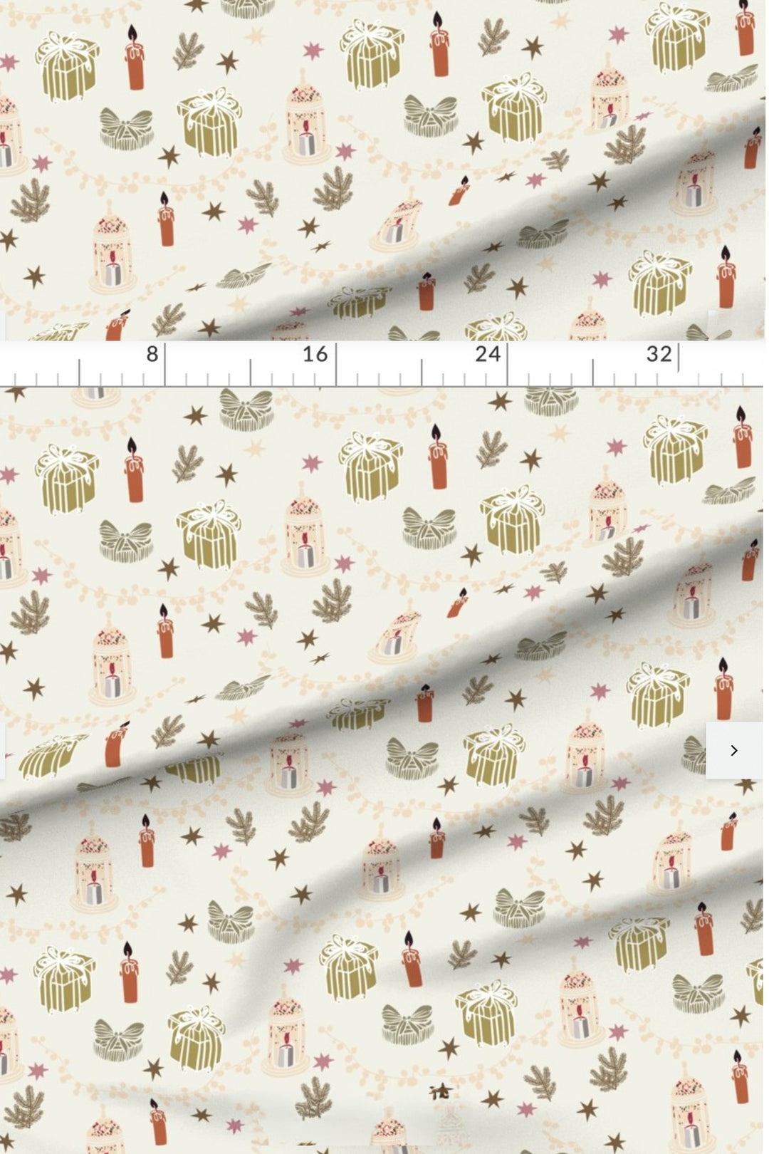 Candlelit Keepsakes Christmas fabric with measurements showing the pattern scale of the candle, gift and lantern print