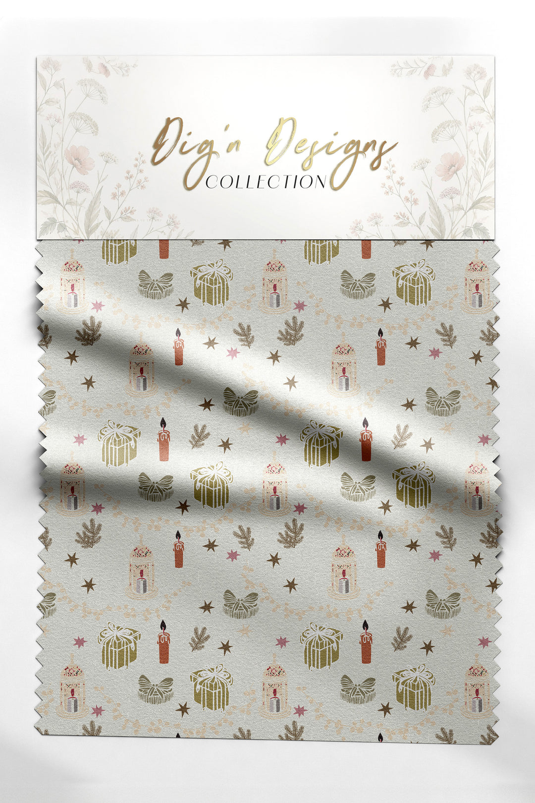 Candlelit Keepsakes Christmas fabric swatch with wrapped gifts, glowing candles, lanterns and gold stars on warm cream, from the Hearth & Holly Collection by Dig'n Designs