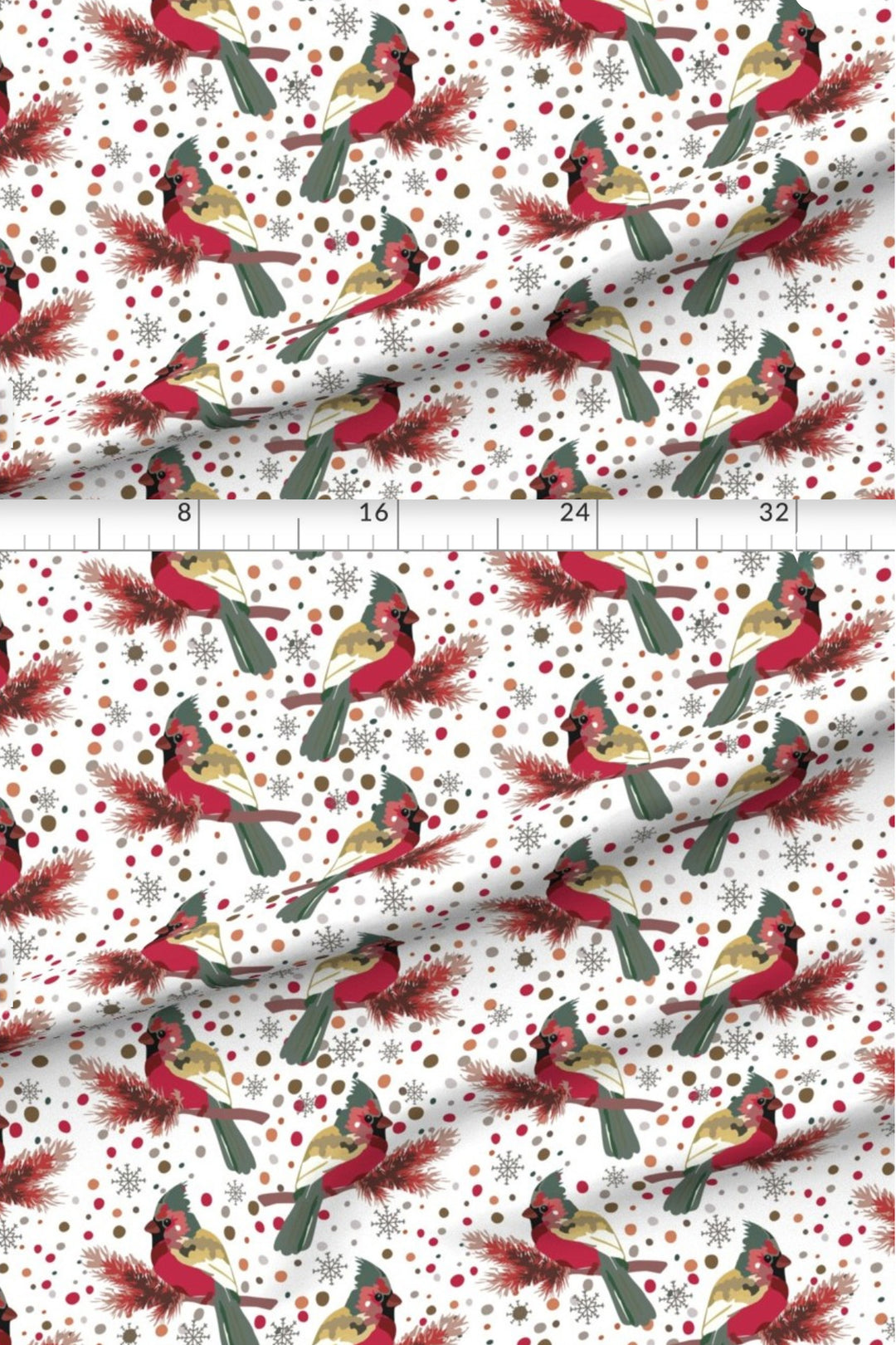 Cardinal Snowfall Christmas fabric with measurements showing the pattern scale of the red cardinal and pine print